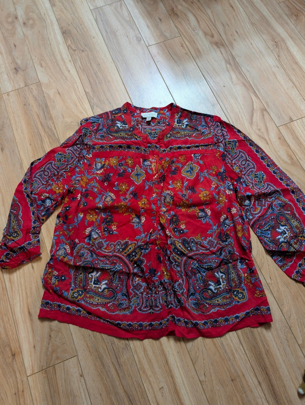Lucky Brand Red Paisley Floral Peasant Blouse Boho Tunic Top Size M